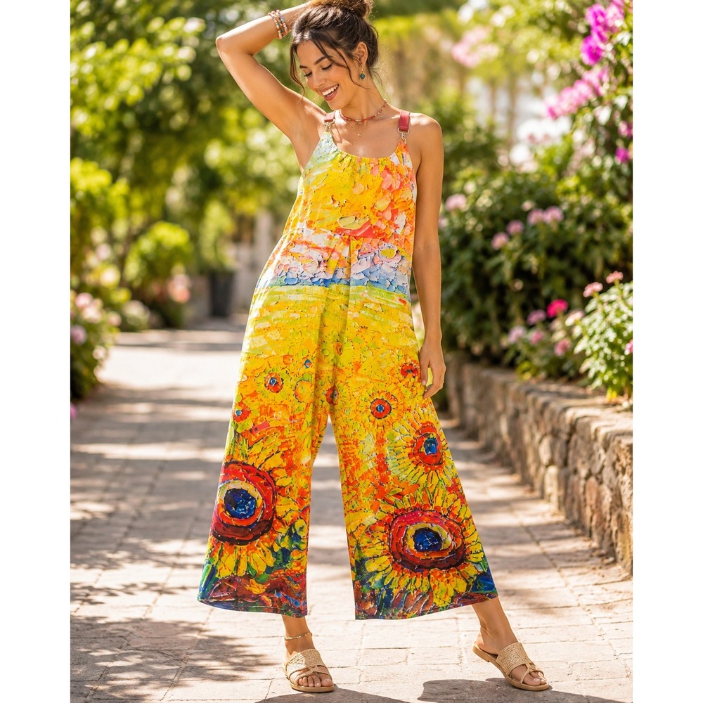 Artistic Impressionist Floral Jumpsiut Racerback Multicolor Sunflowers XL